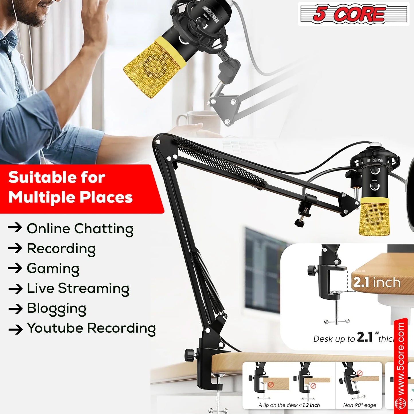 Professional 5Core Podcast Microphone Bundle - Condenser Cardioid Mic Kit with Boom Arm for Superior Sound Quality