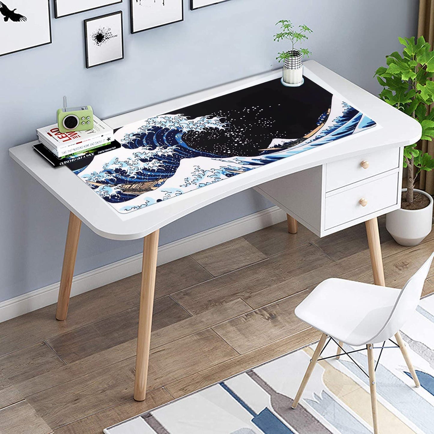 Japanese Sea Wave XXL Gaming Mouse Pad - Large Desk Mat with Stitched Edges and Rubber Base for Work and Play