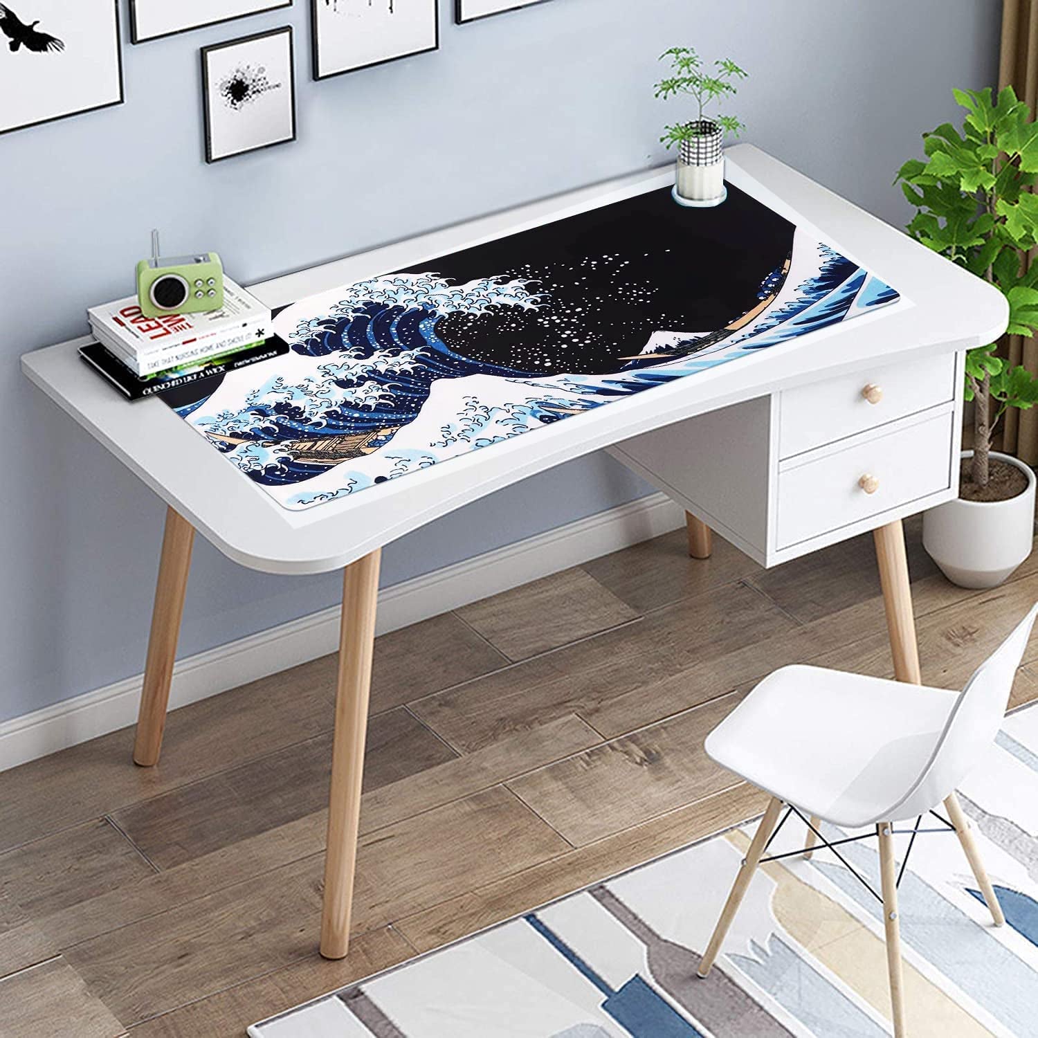 Japanese Sea Wave XXL Gaming Mouse Pad - Large Desk Mat with Stitched Edges and Rubber Base for Work and Play