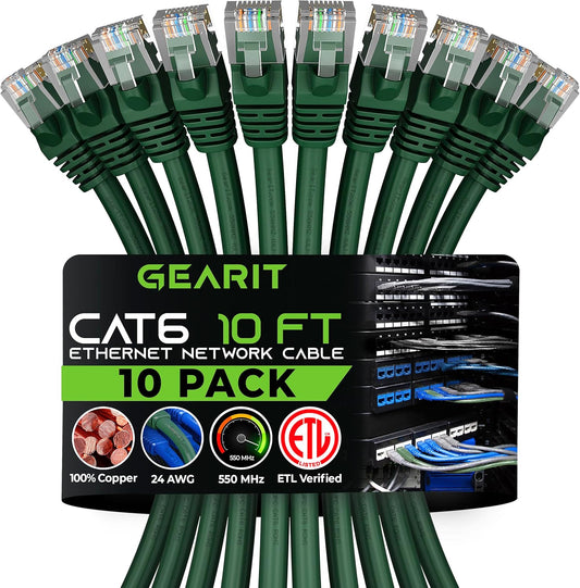Cat 6 Ethernet Cable (10-Pack 10 Feet) Cat6 Network Patch, 10Gbps, RJ45, Snagless Cord, Gold-Plated Connectors, Internet for PC, TV, Tablet, Router, Printer, Servers, IT Data Center - Green