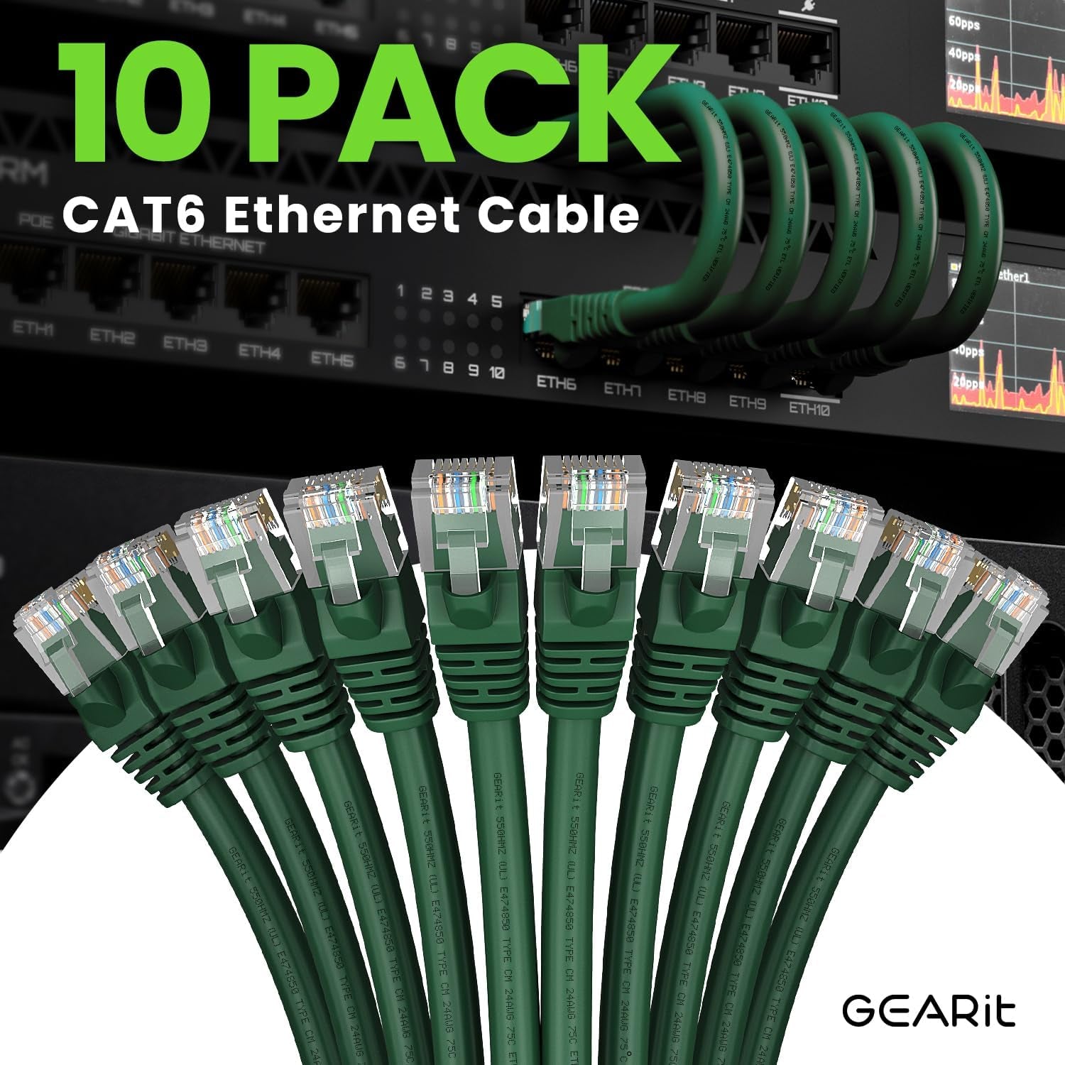 Cat 6 Ethernet Cable (10-Pack 10 Feet) Cat6 Network Patch, 10Gbps, RJ45, Snagless Cord, Gold-Plated Connectors, Internet for PC, TV, Tablet, Router, Printer, Servers, IT Data Center - Green