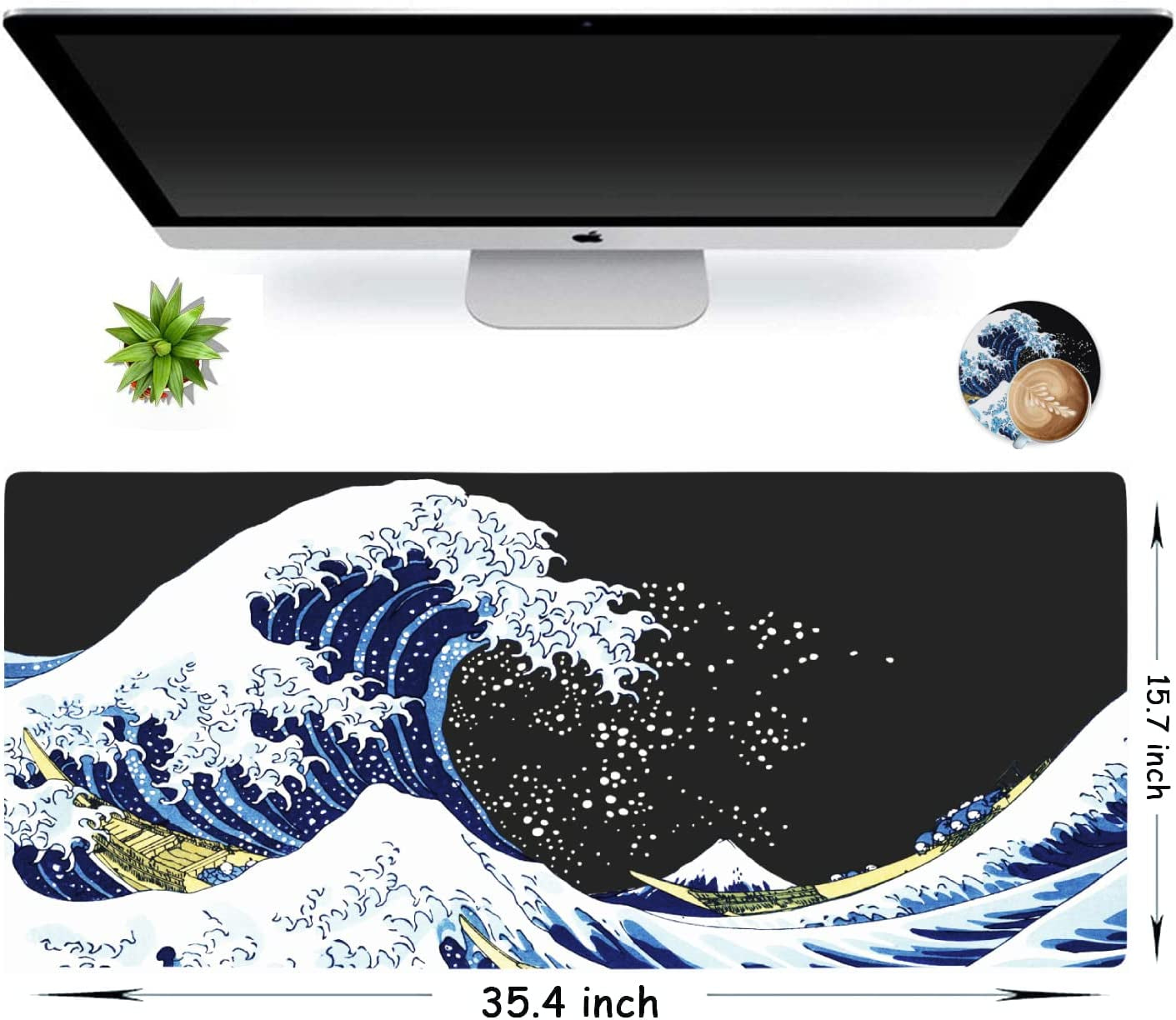 Japanese Sea Wave XXL Gaming Mouse Pad - Large Desk Mat with Stitched Edges and Rubber Base for Work and Play