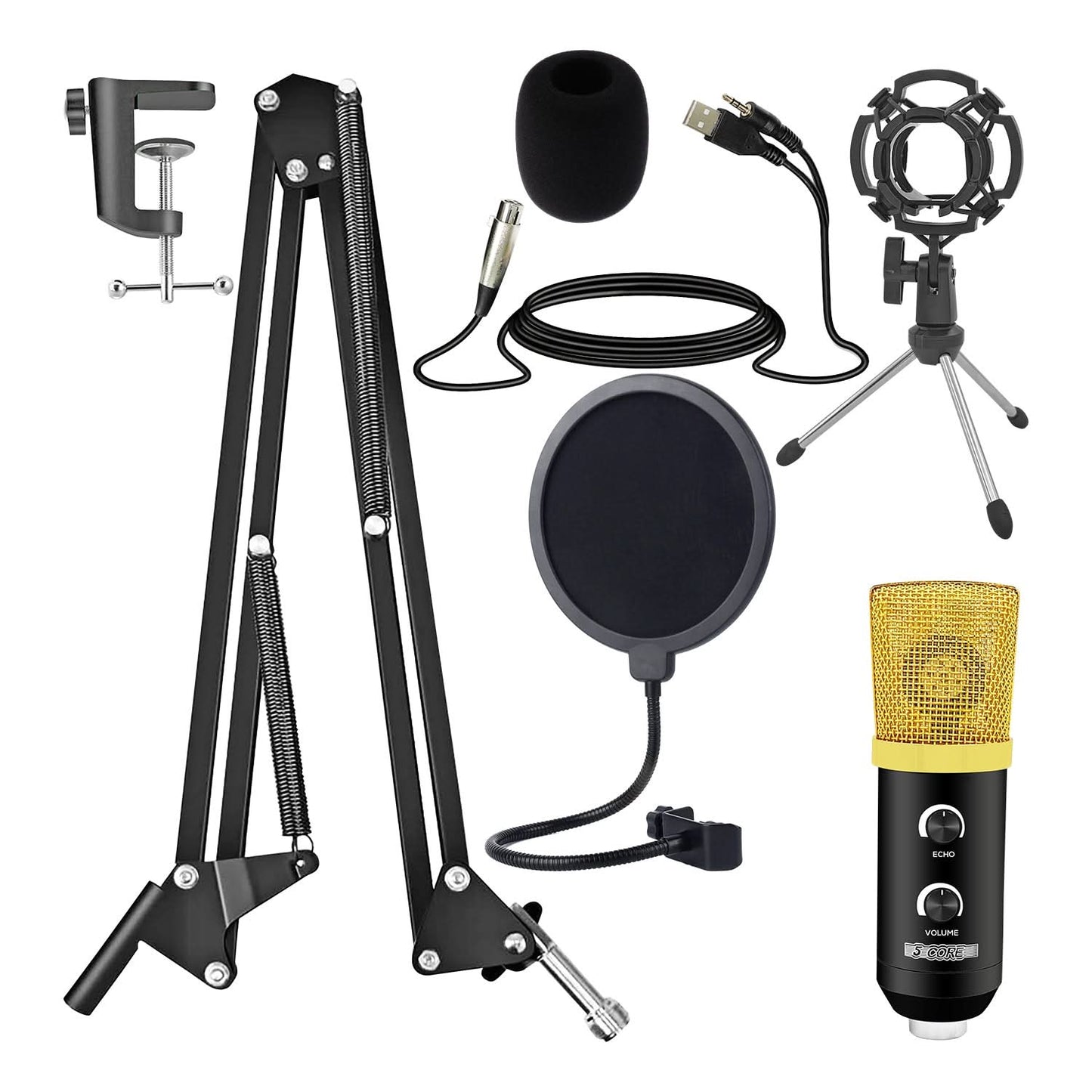 Professional 5Core Podcast Microphone Bundle - Condenser Cardioid Mic Kit with Boom Arm for Superior Sound Quality