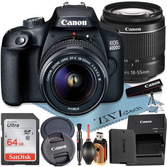 Canon EOS 4000D / Rebel T100 DSLR Camera + EF-S 18-55Mm Lens + Sandisk 64GB Memory Card +  Bundle (International Model)