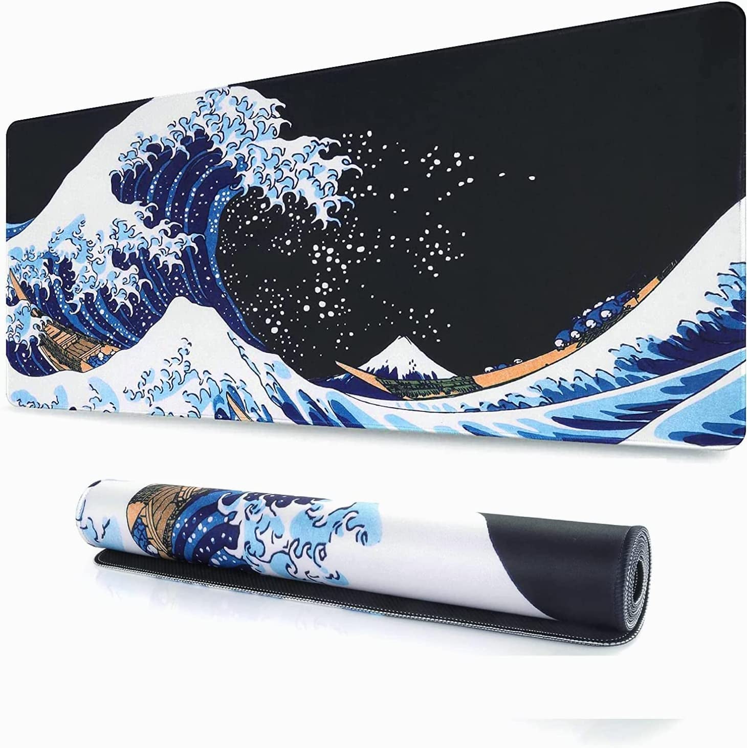 Japanese Sea Wave XXL Gaming Mouse Pad - Large Desk Mat with Stitched Edges and Rubber Base for Work and Play