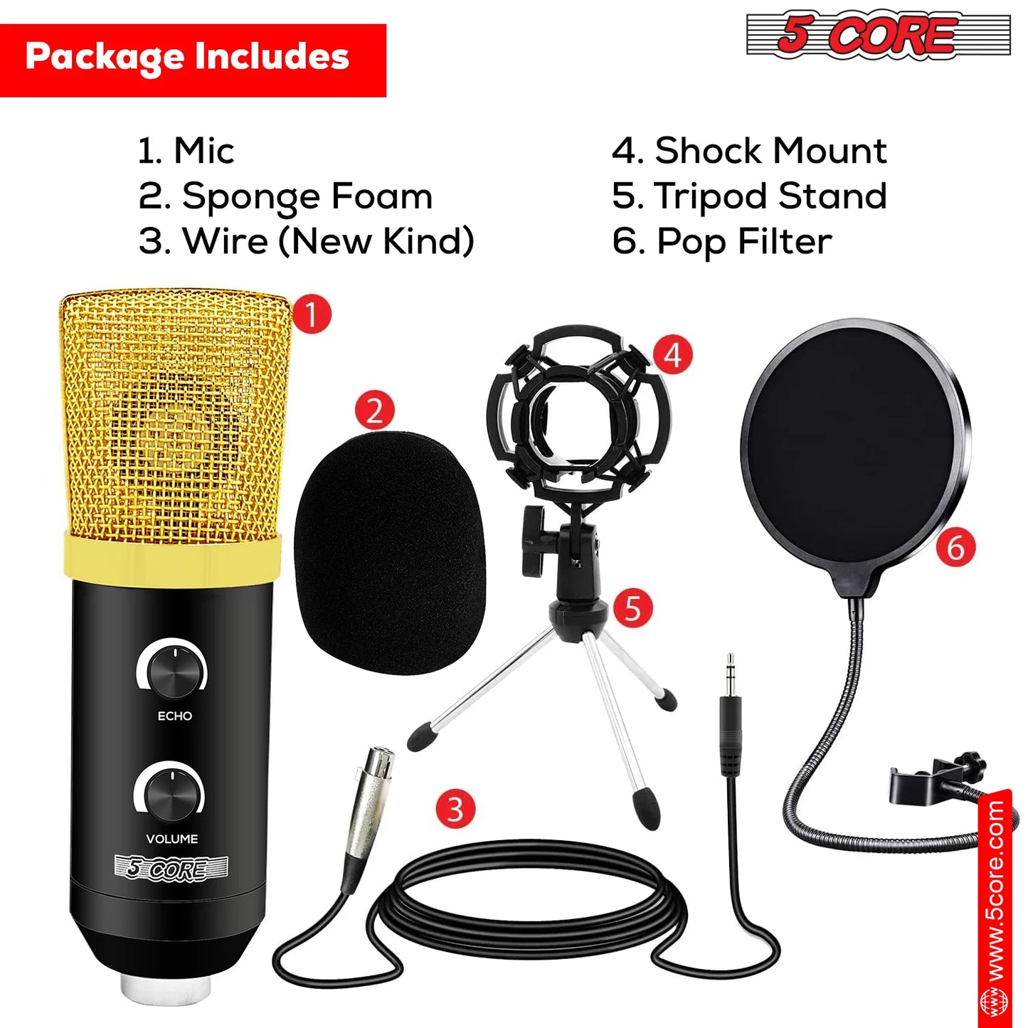 Professional 5Core Podcast Microphone Bundle - Condenser Cardioid Mic Kit with Boom Arm for Superior Sound Quality